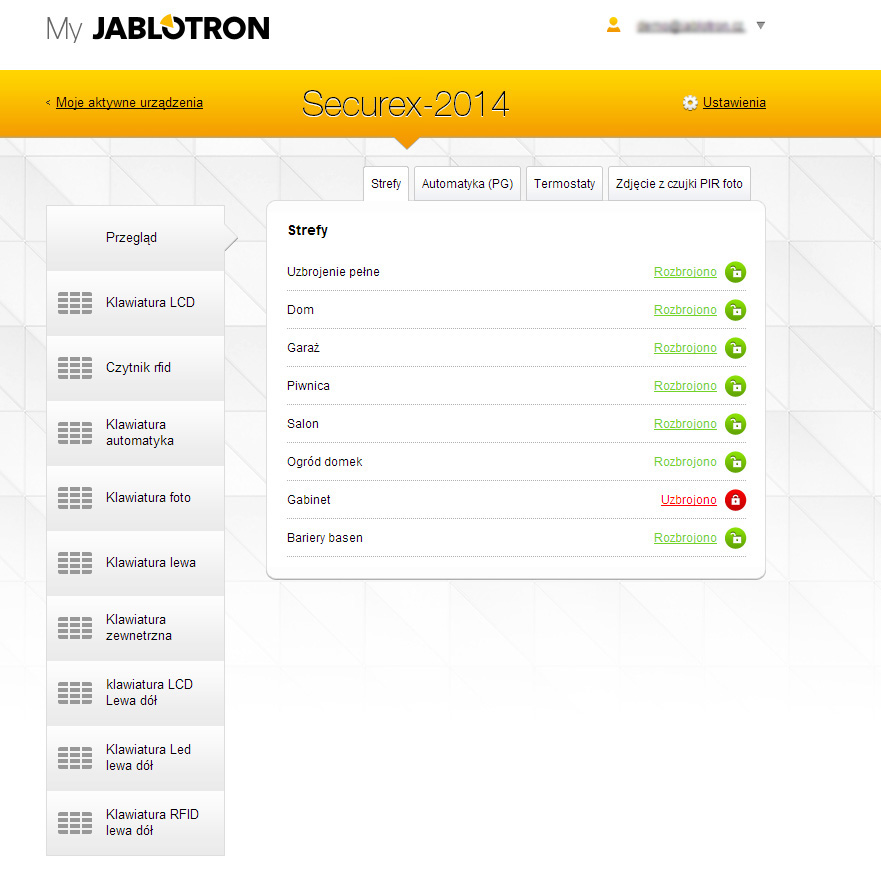 Mój Jablotron - szczegółowe informacje o systemie alarmowym, lista stref i klawiatur